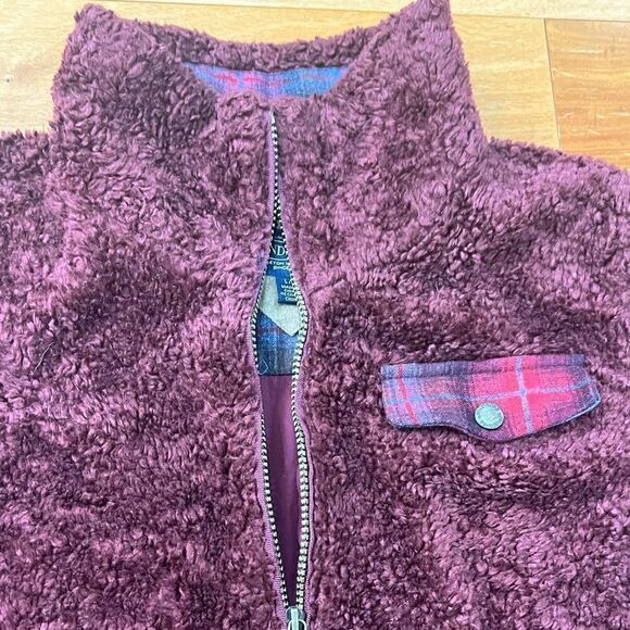 Pendleton Zip Up Burgundy Boucle teddy Fleece Jacket With Plaid Pocket Size L - Picture 7 of 10